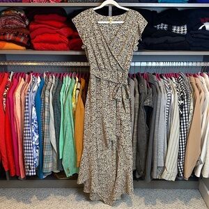 Grecerelle brown/tan floral sleeveless v neck belted faux wrap midi dress size S